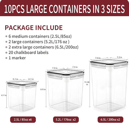 PRAKI Large Airtight Food Storage Containers with Lids, 10PCS Plastic Cereal Storage Containers, Kitchen & Pantry Organizers and Storage for Sugar, Flour, Baking Supplies with Lables & Mark - Image 2