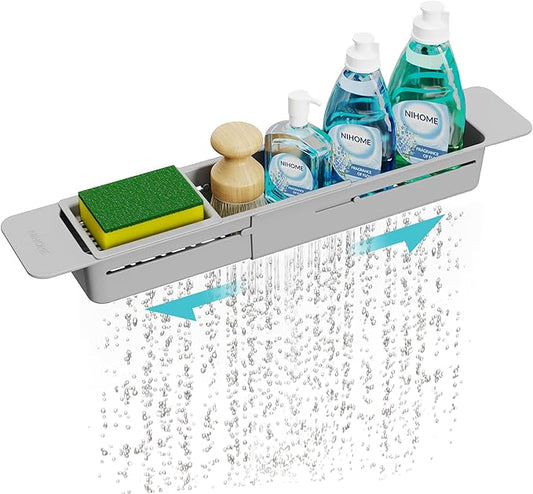 NiHome Extendable Sink Kitchen Organizer, Extra Long Telescopic Brush Storage Rack for Sponge, Non-Slip Pads Expandable Sink Caddy, Adjustable Sponge/Brush Rack with Drainage Durable ABS (Gray) by NiHome