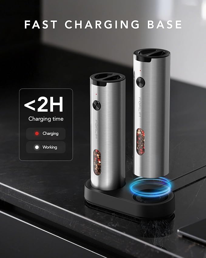 FORLIM Electric Salt and Pepper Grinder Set Rechargeable, Auto Salt and Pepper Grinder set with Charging Base, Adjustable Coarseness, LED Light, Automatic Salt Grinder Refillable,Pepper Shakers Set - Image 2