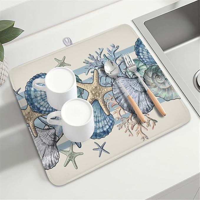 Nautical Coastal Dish Drying Mat for Kitchen Counter Summer Beach Seashell Starfish Microfiber Dish Drainer Mat Ocean Blue Pattern Absorbent Washable Drying Pad Extra Large 16"x18"