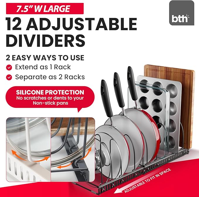 Better Things Home 7.5” Wide 12-Slot Adjustable Large Pan and Pot Lid Organizer with Scratch-Free Pads, Expandable Pot Lid Holder Rack for Cabinet, Pots and Pans Organizer Inside Cabinet - Image 2