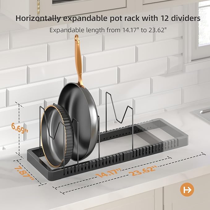 PanPanPal Pots and Pans Organizer under Cabinet, Expandable Pot Lid Organizer Holder with 12 Adjustable Compartment, Pan Organizers inside Cabinet for Lids, Bakeware, Kitchen Storage Pot Rack, Black - Image 2