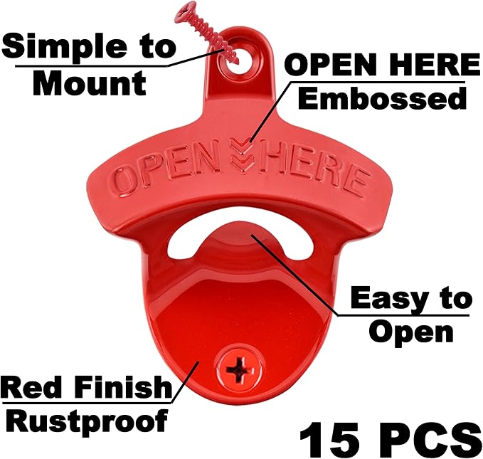 15 PCS Red Wall Mounted Beer Bottle Opener Rustproof, Bulk Soda Cap Opener Caddy Mount for DIY Gift - Image 2