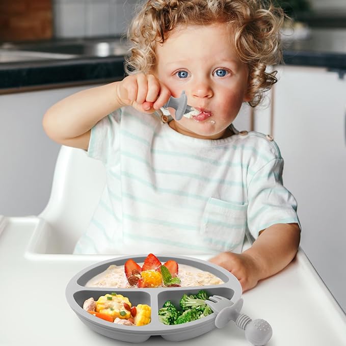 Eascrozn Silicone Baby Feeding Set, 2 Pack Divided Baby Plates with Suction, 2 Pack Spoons and Forks Set, BPA Free, Baby Led Weaning Supplies for Toddler Utensils Baby Feeding Essentials - Image 4