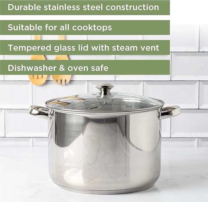 Ecolution Pure Intentions Stock Pot - Features Tempered Glass Lid, Stay-Cool Handles, and Encapsulated Bottom - Oven Safe - Curbside Recyclable Stainless Steel - 12 Quarts - Image 2