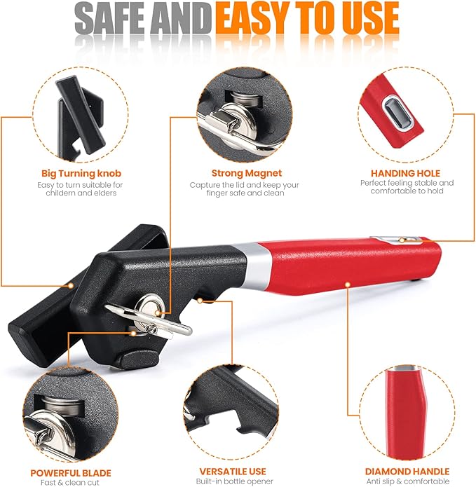 2 in 1 Safety Can Opener Manual Smooth Edge & Bottle Opener, No-Trouble-Lid-Lift Manual Can Opener with Magnet, Large Rubber Handle & Stainless Steel Blade, Side Cut Hand Can Opener for Kitchen (Red) - Image 4