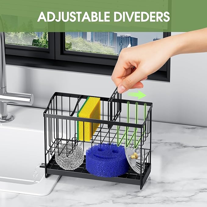 Kitchen Sink Caddy, 2-Tier Self-Draining Sponge & Dish Brush Holder, Rustproof 304 Stainless Steel Space-Saving Organizer with Drying Tray, Black - Image 4