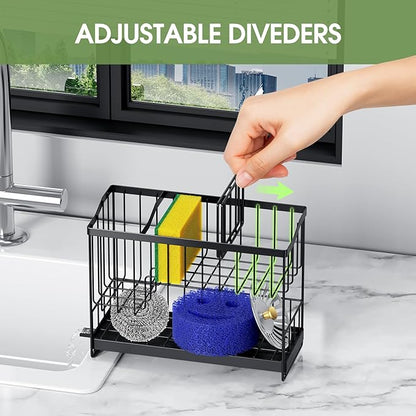 Kitchen Sink Caddy, 2-Tier Self-Draining Sponge & Dish Brush Holder, Rustproof 304 Stainless Steel Space-Saving Organizer with Drying Tray, Black - Image 4