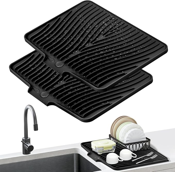 TIKNIK Silicone Dish Drying Mat, Stone Drying Mat for Kitchen Counter with Built-In Drain, Non-Slip Drain Pad with Built-in Drain, Heat Resistant Stone Drying Mat, Hangable, Black-2pcs, 16" x 12" by TIKNIKHomeOutdoor