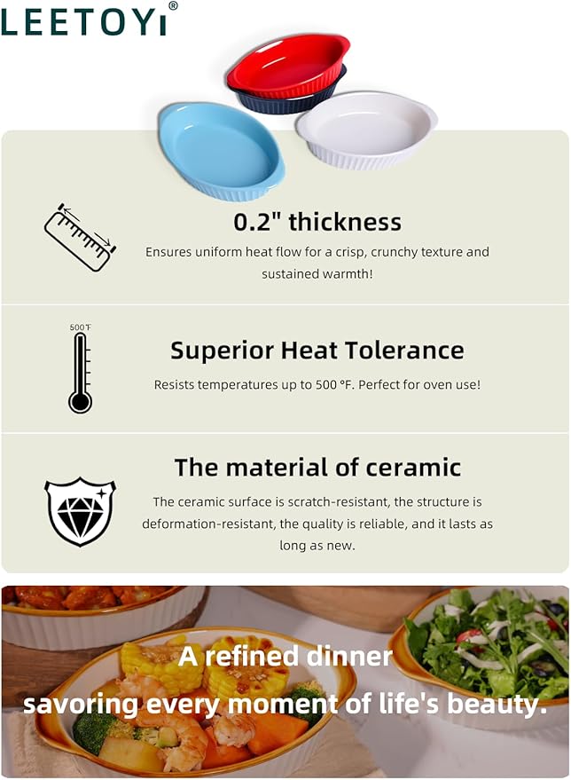 LEETOYI Porcelain Small Oval Au Gratin Pans, Baking Dish Set for 1 or 2 person servings, Bakeware with Double Handle for Kitchen and Home, Set of 2 (White) - Image 6