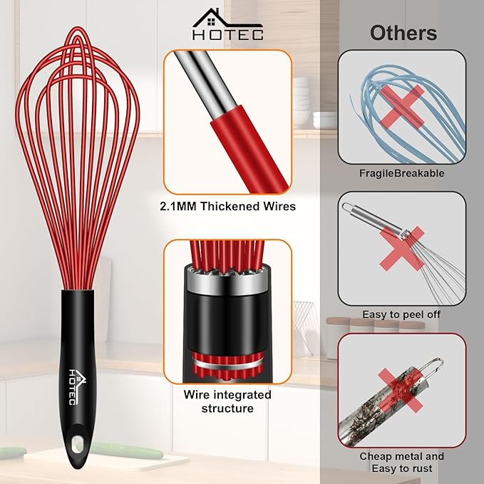 HOTEC 4 Pieces Silicone Whisks Set, Wire Balloon Whisks Egg Beater, Non-slip Handle Whisk for Non-stick Cookware Perfect for Cooking, Stirring, Beating and Blending (Red) - Image 7