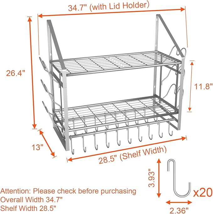 VyGrow 28 Inch Pot Rack Wall Mounted, 2 Tier Pots and Pans Organizer with 20 Hooks and 6 Pot Lid Holders, Heavy Duty Steel Pot and Pan Hanger for Kitchen Cookware Utensils Storage, Silver - Image 2