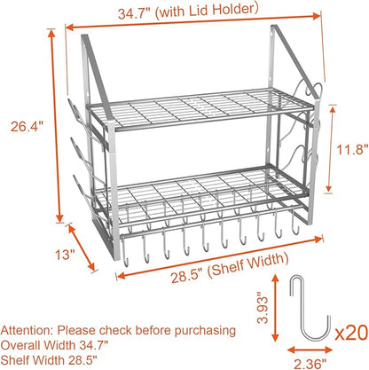 VyGrow 28 Inch Pot Rack Wall Mounted, 2 Tier Pots and Pans Organizer with 20 Hooks and 6 Pot Lid Holders, Heavy Duty Steel Pot and Pan Hanger for Kitchen Cookware Utensils Storage, Silver - Image 2