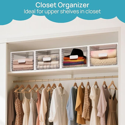Vtopmart 4 Pack 18QT White Stackable Storage Drawers,Easily Assemble Closet Organizers,Plastic Storage Bins for Bathroom,Cabinet,Kitchen Pantry,Under Sink Organization(Medium)