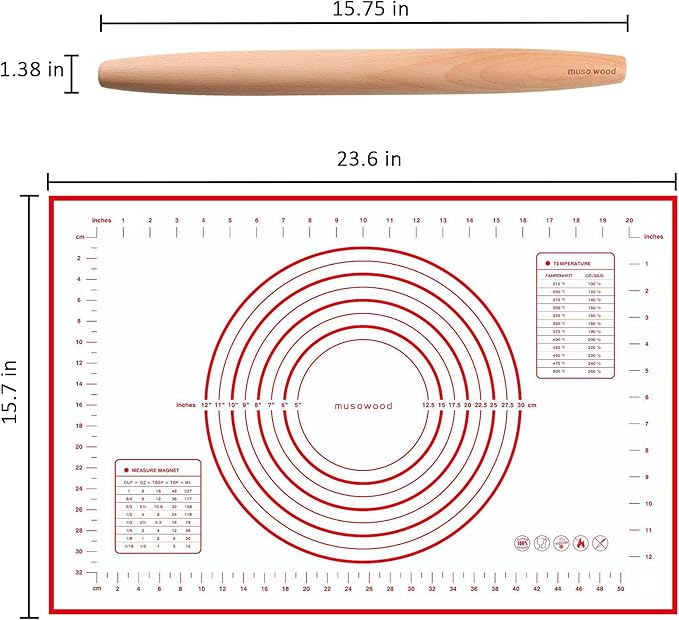 Muso Wood French Rolling Pin and Silicone Baking Mat Set, 15.75 Inch Beech Wood Tapered Rolling Pin for Fondant Pie Crust Cookie Pastry - Image 2