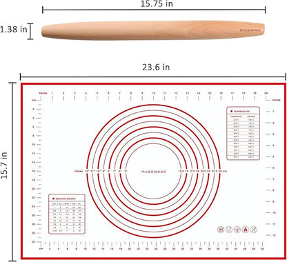 Muso Wood French Rolling Pin and Silicone Baking Mat Set, 15.75 Inch Beech Wood Tapered Rolling Pin for Fondant Pie Crust Cookie Pastry - Image 2