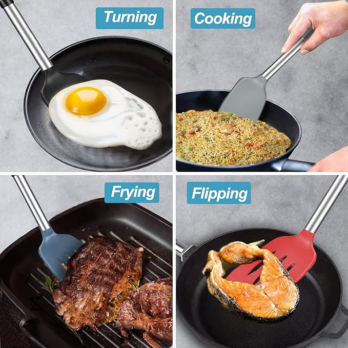 2 Pack Spatulas, Solid & Slotted Silicone Spatula Set, Stainless Steel Handle Coated with Silicone, Non Stick, Heat Resistant Rubber Flipper for Fish, Eggs, Pancakes, WOK, Starry Blue - Image 8