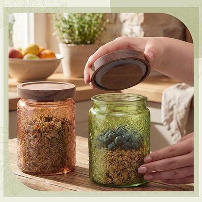 Willinglong 2 Pack 23.7oz Colored Vintage Glass Storage Jars with Wooden Lids Embossed Floral Decorative Canisters for Kitchen Countertop Airtight Container for Sugar Cookie Coffee Tea(Green, Brown) - Image 2