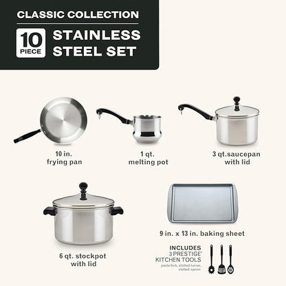 Farberware Classic Series Stainless Steel Pots and Pans with Baking Sheet Pan, Cooking Tools, and Lids, Induction Ready, Dishwasher Safe, 10 Piece Cookware Set, Metal Utensil Safe - Stainless Steel - Image 4