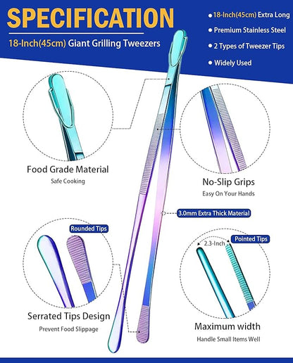 JETKONG 2 Pcs 18 Inch (45cm) Stainless Steel Grill Tongs Heavy Duty Giant Tweezer Tongs, Extra Large Tweezers Tools for Cooking, Grilling, BBQ and Turning Food (Rainbow) - Image 2