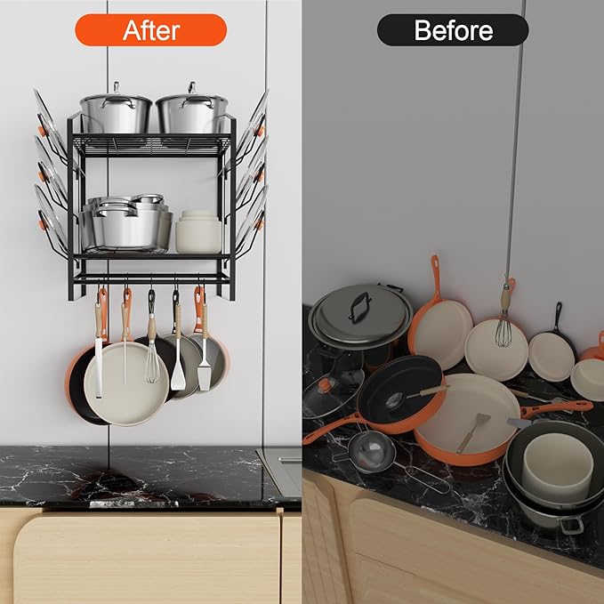 VyGrow 17 Inch Pot Rack Wall Mounted, 2 Tier Pots and Pans Organizer with 10 Hooks and 6 Pot Lid Holders, Heavy Duty Steel Pot and Pan Hanger for Kitchen Cookware Utensils Storage 24" Lx13 Wx20.5 H - Image 7