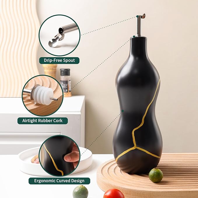 BosilunLife Ceramic Olive Oil Dispenser Bottle, 14 Oz Oil Cruet with Elegant Gold Accent & Curved Ergonomic Design, Non‑Drip Vinegar Bottle for Kitchen & Dining, Black