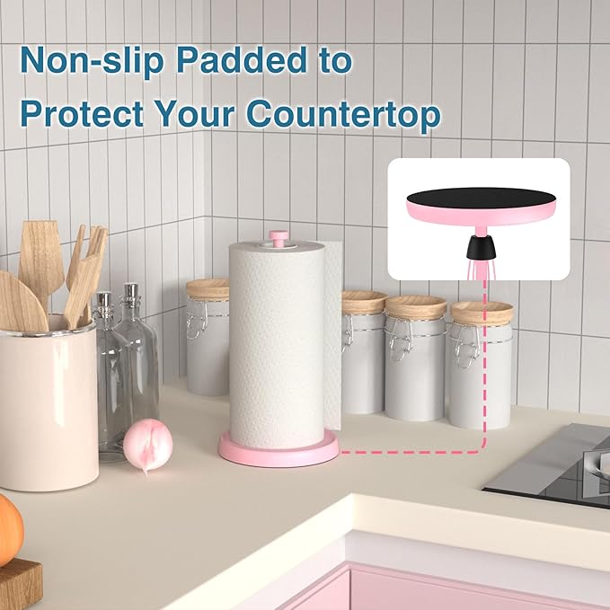 Pink Paper Towel Holder Countertop, Pink Kitchen Accessories Decor, Stainless Steel, Weighted Base, Paper Towel Roll Holder Stand with Ratchet Mechanism for Kitchen Bathroom Farmhouse Essentials - Image 4