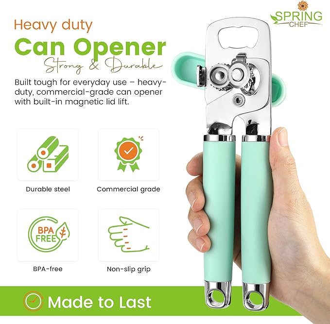 Spring Chef Stainless Steel Can Opener - Manual with Soft Grip Handles, Easy Turn, Heavy Duty Hand Can Opener for Seniors with Smooth Edge - Built-in Magnetic Lid Remover - Mint - Image 2