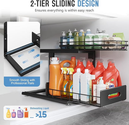 Under Sink Organizer Upgrade To Professional Rails,2-Tier Dual Pull Out Cabinet Storage,Height Adjustable Slide Out Drawers For Bathroom Kitchen,2 Pack-18.5"Dx12.8"-16.9"H,Black - Image 5