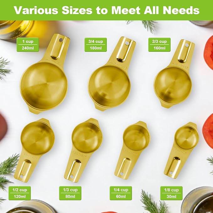 7 Pcs Gold Measuring Cups Stainless Steel, Nesting Metal Measuring Cups with Markings & Ring, Stackable Measure Cups Spoons Set for Cooking Baking Supplies, Kitchen Utensils for Dry Liquid Ingredients - Image 2