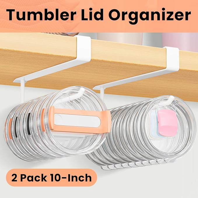 2 Pack Large Tumbler Lid Organizer, Under Cabinet Cup Lid Holder for Yeti Insulated Mug/Stanley Insulated Mug/Simple Modern Insulated Mug Lid, No Gluing, No Drilling, Up to 10 Lids (White) - Image 2