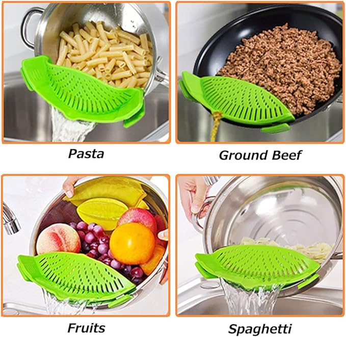 YEVIOR Clip on Strainer for Pots Pan Pasta, Silicone Food Strainer Hands-Free Pan Strainer, Clip-on Kitchen Food Strainer for Spaghetti, Pasta, Ground Beef Fits All Bowls and Pots (Green) - Image 6