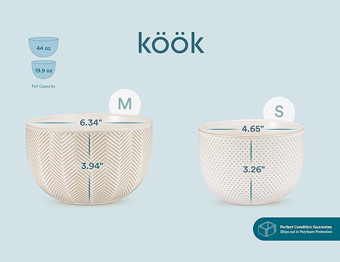 KooK Ceramic Mixing Bowls, Nesting Set of 4, Embossed Kitchen Dishware, Prep, Serving, Gift, Microwave and Dishwasher Safe, 20/44/98/145 oz, Narbonne Collection (Ivory) - Image 8