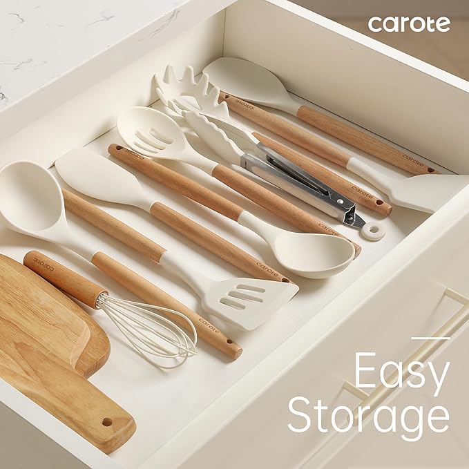 CAROTE Silicone Cooking Utensils Set, Kitchen Utensils Set 10 Pcs for cooking, BPA Free Spatula Set with Heat Resistant Wood Handles for Nonstick Cookware (Cream White) - Image 8