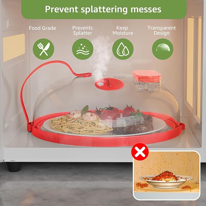 Microwave Splatter Cover with Water Steamer for Food - 10 Inch Steam Microwave Splatter Guard with Handle Splash Oven Lid with Built in Steamer Plate Covers for Heating Food - Red