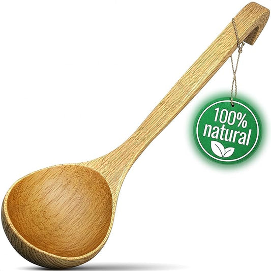 Wooden Ladle for Soup - 10.8x2.8" Deep Bamboo Ladle for Cooking and Serving, Comfortable Grip, Hook-End Handle for Storing - Easy-to-Clean Spoon that Doesn't Conduct Heat by Helvetios