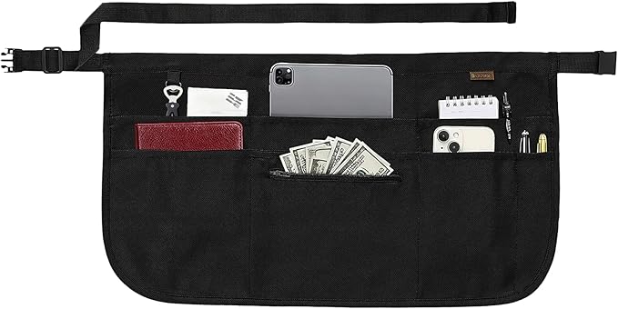 BOHARERS Black Waitress Apron 7 Pockets Server Apron with Buckle Closure & Zippered Money Pouch Stain Resistant