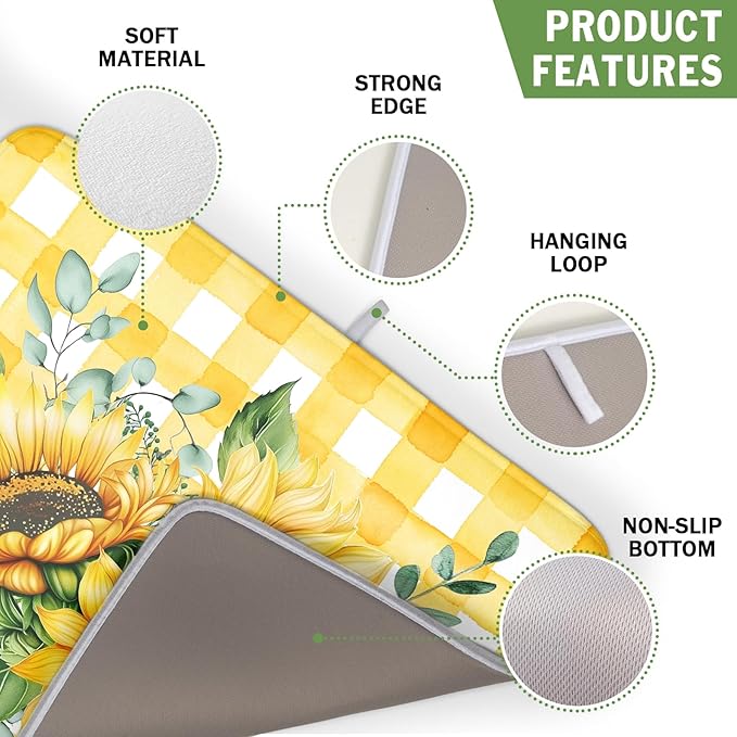 Spring Summer Dish Drying Mat 16x18 Inch Absorbent Reversible Sunflower Drying Mat Summer Sunflower Dish Drying Rack Mat Yellow Summer Themed Dish Drainer Mat for Kitchen Counter Coffee Bar