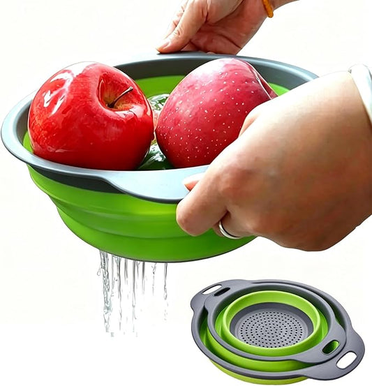2 Pack Collapsible Silicone Colander with Handle, Over Sink Foldable Food Strainer, BPA-Free Space Saving Drain Basket for Vegetables, Fruits, Pasta, Kitchen & Camping (Green) by WHZHAOCAI
