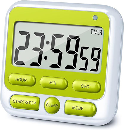 KTKUDY Digital Kitchen Timer with Mute/Loud Alarm Switch ON/Off Switch, 12 Hour Clock & Alarm, Memory Function Count Up & Count Down for Kids Teachers Cooking, Large LCD Display, Strong Magnet (Green) by KTKUDY