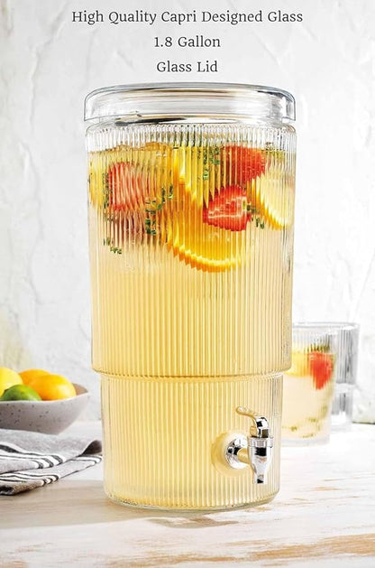 Glass Beverage Dispenser, Clear, 2.75 Gallon Capacity with Leakproof Spigot, Ribbed Design, Glass Lid for Parties and Daily Use, 8x7x14 Inches