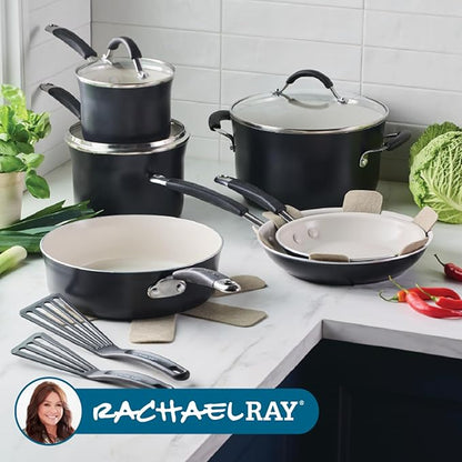 Rachael Ray Cucina Ceramic Cookware Set - 13 Pieces - Ceramic Pots and Pans Set w/Nonstick Frying Pans, Saute Pan, Saucepans, Stockpot, Lids, Pan Protectors & Cooking Utensils - Peppercorn - Image 8