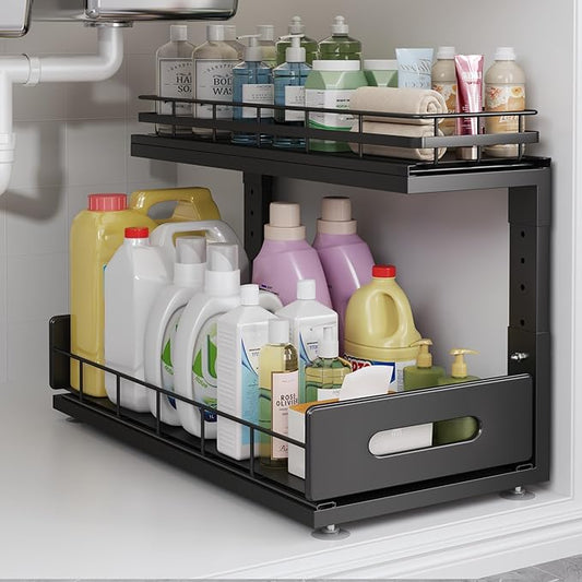 Under Sink Organizer Upgrade To Professional Rails,2-Tier Dual Pull Out Cabinet Storage,Height Adjustable Slide Out Drawers For Bathroom Kitchen,1 Pack-18.5"Dx12.8"-16.9"H,Black by UnderSinkOrganizer