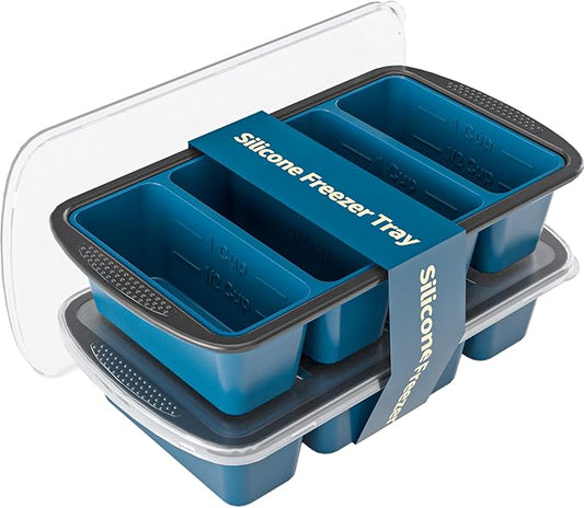 GORCI Silicone Freezer Tray With Lid, 8 Large 1 Cup Soup Freezer Molds, Soup Freezer Container for Meal Prepping, Large Ice Cube Tray， Perfect for Storing Leftovers, Sauces, Lasagna, 2-Pack by GORCI
