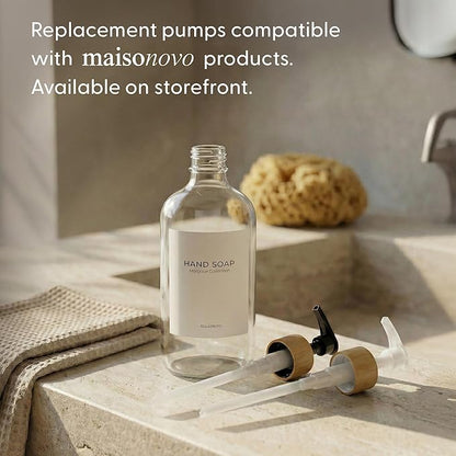 MaisoNovo Glass Dish Soap Dispenser for Kitchen Set of 2-16.9oz Clear Dish and Hand Soap Dispenser Set for Kitchen - Clear Glass Bottles x 2 with White Bamboo Pumps & Tray