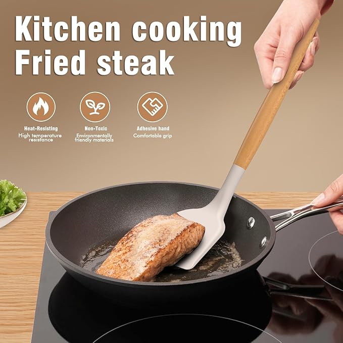 Silicone Cooking Utensils Set - AVGPD Silicone Kitchen Utensils for Cooking Wooden Handles, 446°F Heat Resistant Kitchen Utensil Spatula Sets w Holder, Gadgets for Non-Stick Cookware BPA FREE (Khaki) - Image 2