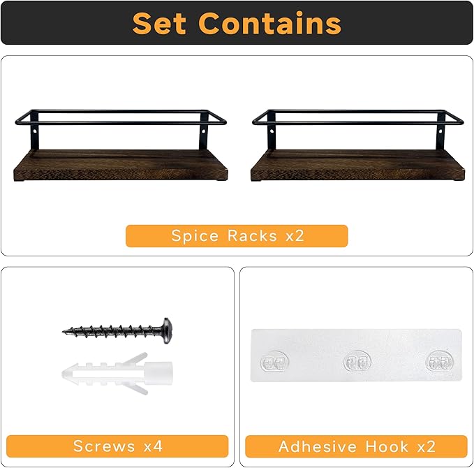 2-Tier Wall Mount Spice Rack Organizer - Screw/Adhesive Mount, Black Metal & Wood Spice Storage for Kitchen Pantry Cabinet, 11.6”L x 2.4”W x 3.2”H,Spice Jars Not Included - Image 2