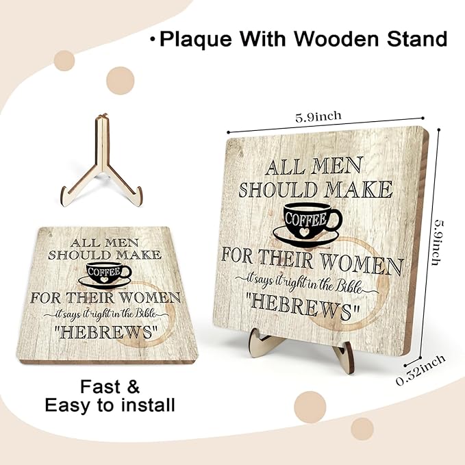 Coffee Bar Sign Plaque, Coffee Signs for Coffee Station, Vintage Coffee Sign Decor for Kitchen, Coffee Bar Accessories, Coffee Themed Gifts,All Men Should Make Coffee for Their Woman-HEBREWS (Beige1, 5.9x5.9inches) - Image 2
