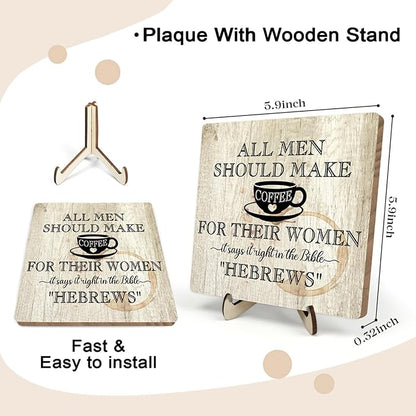 Coffee Bar Sign Plaque, Coffee Signs for Coffee Station, Vintage Coffee Sign Decor for Kitchen, Coffee Bar Accessories, Coffee Themed Gifts,All Men Should Make Coffee for Their Woman-HEBREWS (Beige1, 5.9x5.9inches) - Image 2