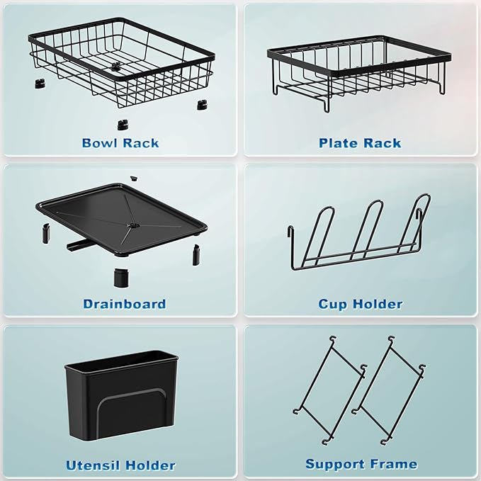GAOKASE Dish Drying Rack, Stainless Steel-Dish Rack, Dish Racks for Kitchen Counter, Kitchen Dish Drainers with Removable Utensil Holder,New Drain Outlet,Plate Rack and Drainboard (Black 3) - Image 5